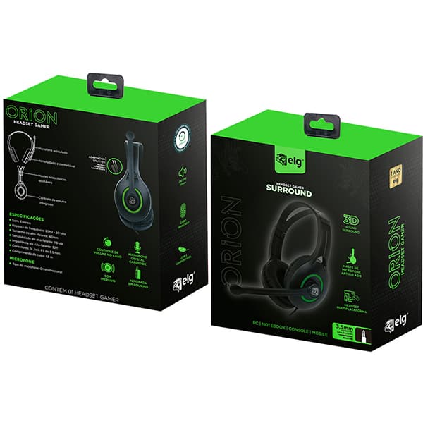 Headset Gamer Orion P3, Preto e Verde, HGOR, Elg - CX 1 UN