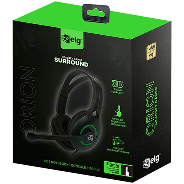 Headset Gamer Orion P3, Preto e Verde, HGOR, Elg - CX 1 UN