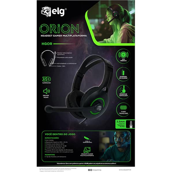 Headset Gamer Orion P3, Preto e Verde, HGOR, Elg - CX 1 UN