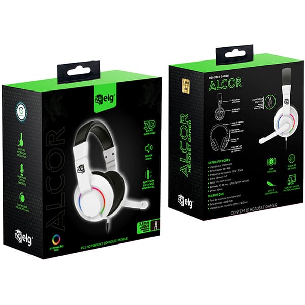 Headset Gamer Alcor, Conexão P2, Branco e Preto, HGAL, Elg - CX 1 UN