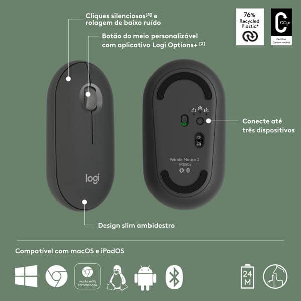 Mouse sem fio Logitech Pebble 2 M350s com Clique Silencioso, Conexão ou Bluetooth e Pilha Inclusa- Grafite CX 1 UN