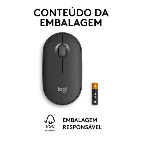 Mouse sem fio Logitech Pebble 2 M350s com Clique Silencioso, Conexão ou Bluetooth e Pilha Inclusa- Grafite CX 1 UN