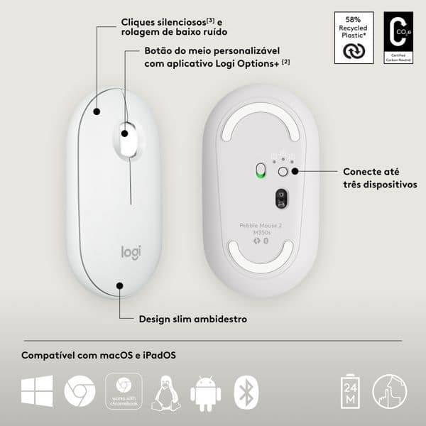 Mouse sem fio Logitech Pebble 2 M350s com Clique Silencioso, Conexão Bluetooth e Pilha Inclusa- Branco CX 1 UN