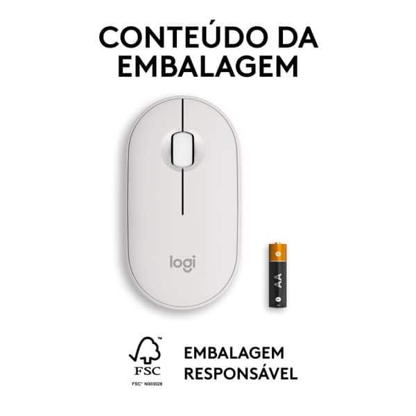 Mouse sem fio Logitech Pebble 2 M350s com Clique Silencioso, Conexão Bluetooth e Pilha Inclusa- Branco CX 1 UN