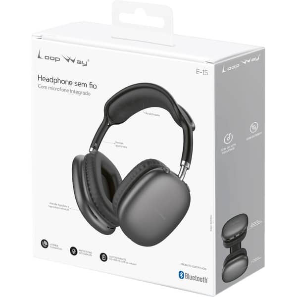 Headphone Bluetooth 6.0, P2, Microfone Integrado, Preto, E15, Loop Way - CX 1 UN Headphone Bluetooth 6.0, P2, Microfone Integrado, Preto, E15, Loop Way - CX 1 UN