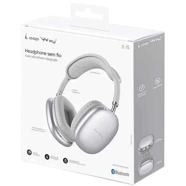 Headphone Bluetooth 6.0, P2, Microfone Integrado, Branco, E15, Loop Way - CX 1 UN