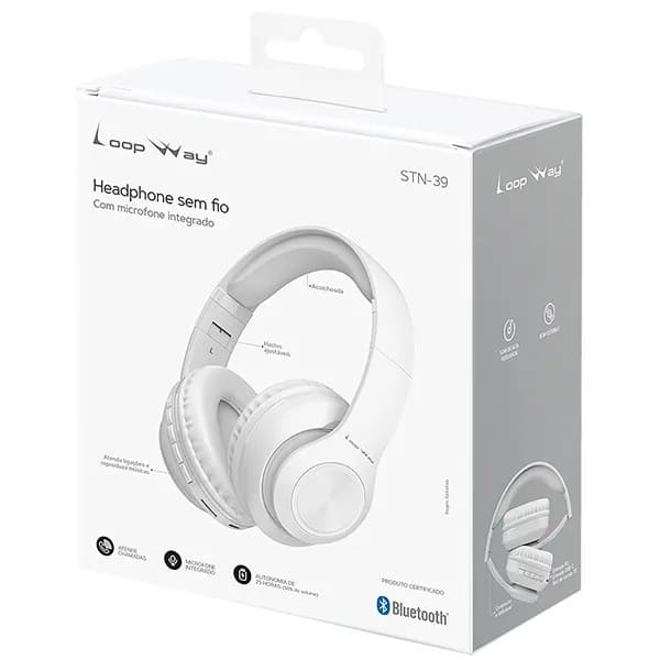 Headphone Bluetooth 6.0, P2, Microfone Integrado, Branco, STN-39, Loop Way - CX 1 UN Headphone Bluetooth 6.0, P2, Microfone Integrado, Branco, STN-39, Loop Way - CX 1 UN