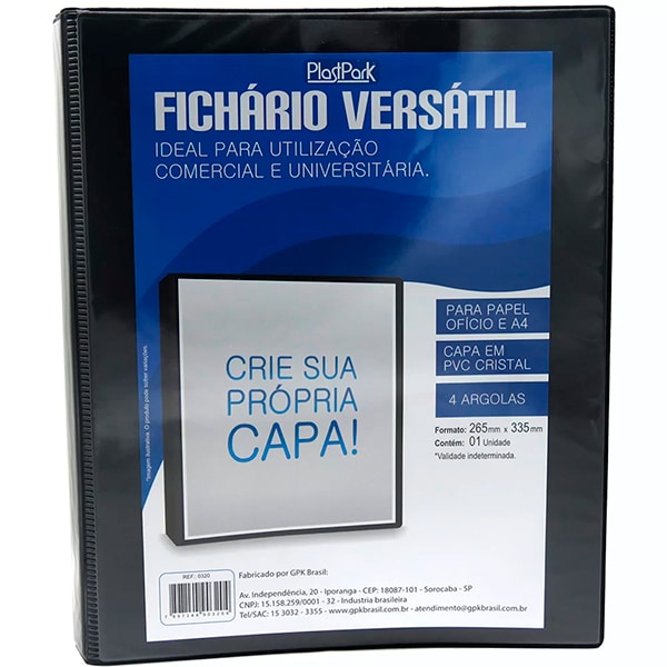 Fichário 4 arg. PVC ofício lombada 4.0 preto 320 Plastpark PT 1 UN