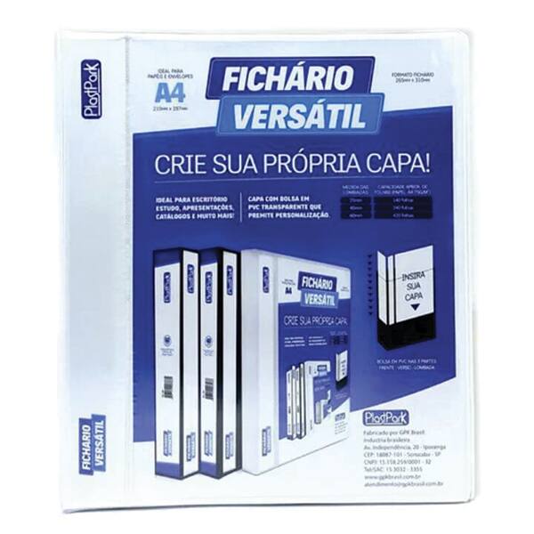Fichário 4 argolas plástico A4 lombada 4.0 branco 312 Plastpark PT 1 UN