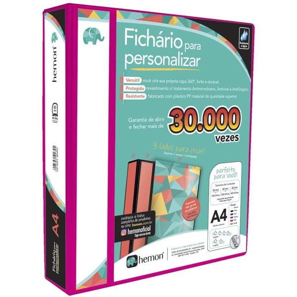 Fichário universitário A4, 4 argolas, capa personalizável, Rosa, 5832, Chies - PT 1 UN