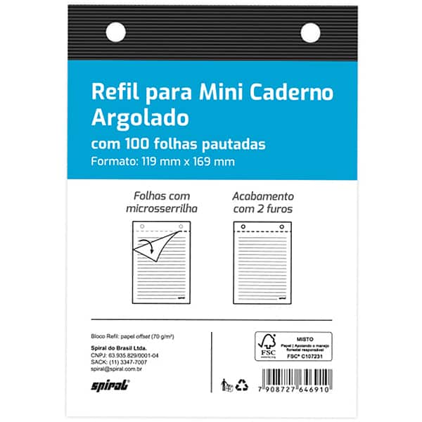Refil com pauta para mini caderno argolado, 100 folhas, 119mm x 169mm, Spiral - PT 1 UN