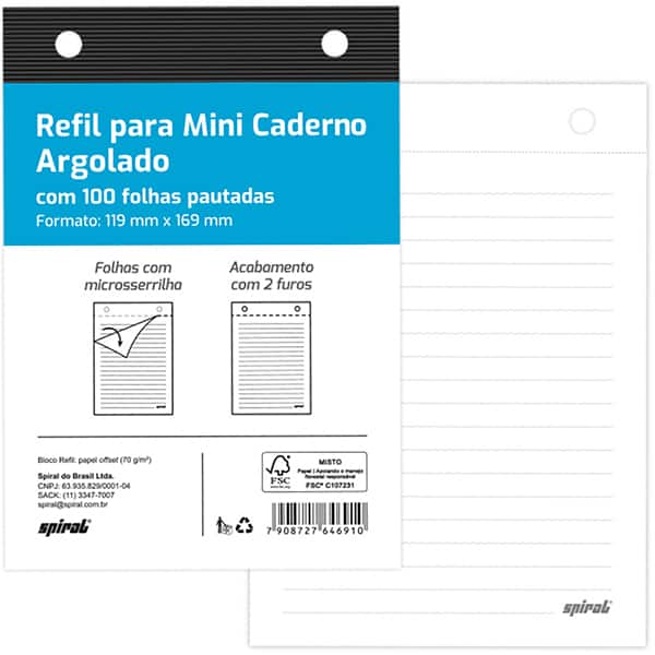 Refil com pauta para mini caderno argolado, 100 folhas, 119mm x 169mm, Spiral - PT 1 UN