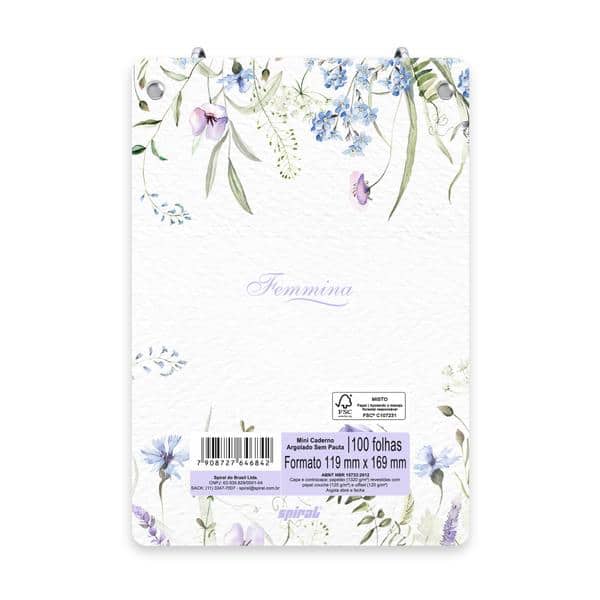 Mini Caderno Argolado Femmina, Capa Dura, 2 argolas, 100 folhas, Vertical, 119 x169mm, Spiral Fem - PT 1 UN