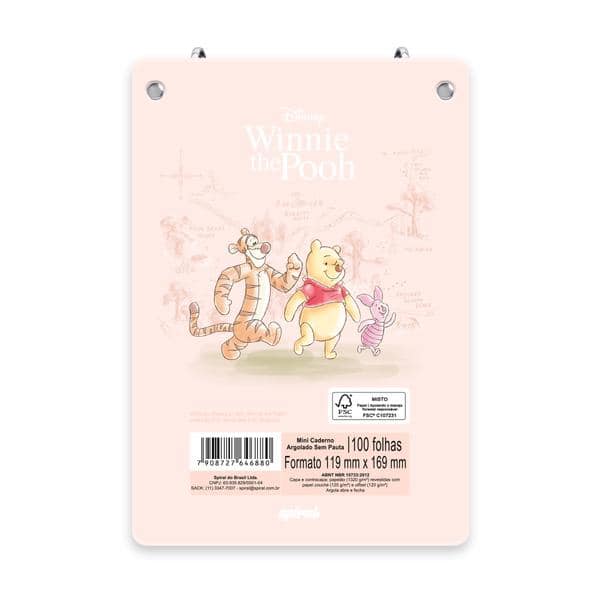 Mini Caderno Argolado Ursinho Pooh, Capa Dura, 2 argolas, 100 folhas, Vertical, 119 x169mm, Spiral Pooh - PT 1 UN