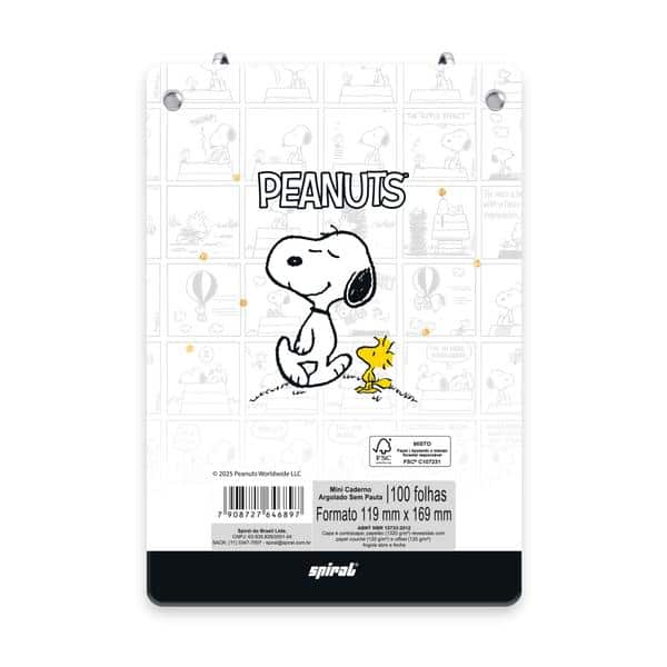 Mini Caderno Argolado Snoopy, Capa Dura, 2 argolas, 100 folhas, Vertical, 119 x169mm, Spiral Sno - PT 1 UN