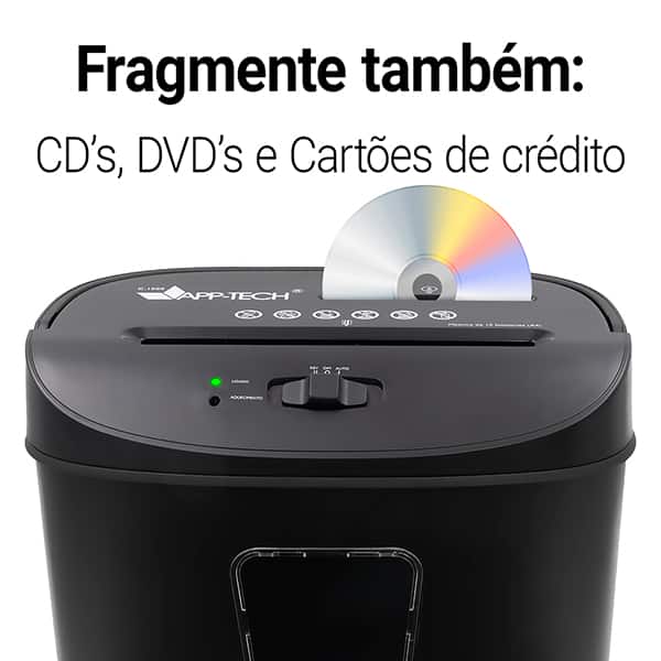 Fragmentadora de papel com cesto, 10 folhas em partículas / CD / Cartão, 110v, C1000, App-Tech - Fragmentadora de papel com cesto, 10 folhas em partículas / CD / Cartão, 110v, C1000, App-Tech -