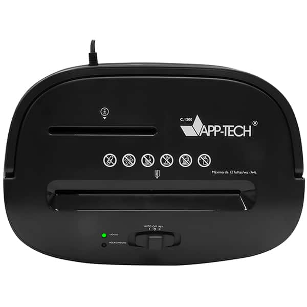Fragmentadora de papel 12 folhas em partículas, CD / Cartão com cesto 220v, C1200, App-tech - CX 1 UN Fragmentadora de papel 12 folhas em partículas, CD / Cartão com cesto 220v, C1200, App-tech - CX 1 UN
