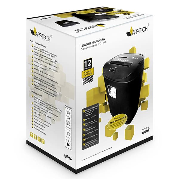 Fragmentadora de papel 12 folhas em partículas, CD / Cartão com cesto 220v, C1200, App-tech - CX 1 UN Fragmentadora de papel 12 folhas em partículas, CD / Cartão com cesto 220v, C1200, App-tech - CX 1 UN
