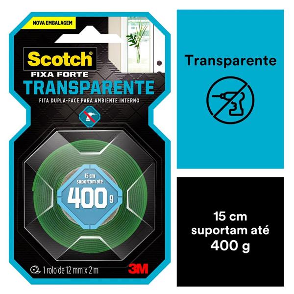 Fita Dupla Face 3M Scotch Fixa Forte Transparente - 12 mm x 2 m - BT 1 UN