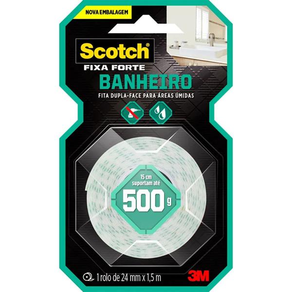 Fita Dupla Face 3M Scotch Fixa Forte Banheiro - 24 mm x 1 m - BT 1 UN