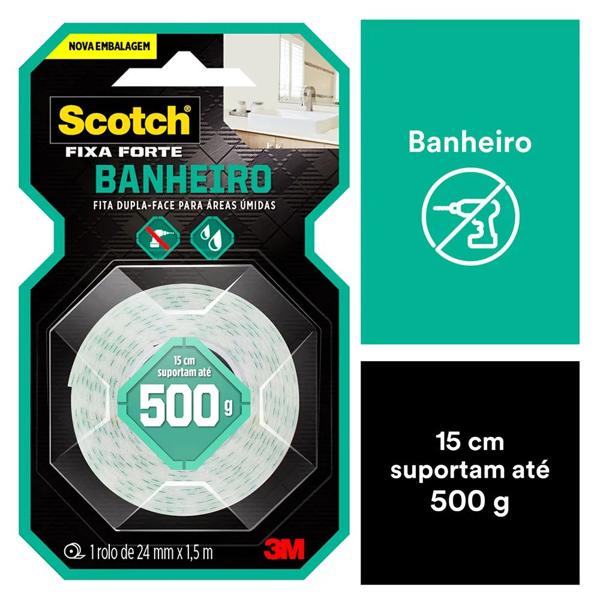 Fita Dupla Face 3M Scotch Fixa Forte Banheiro - 24 mm x 1 m - BT 1 UN