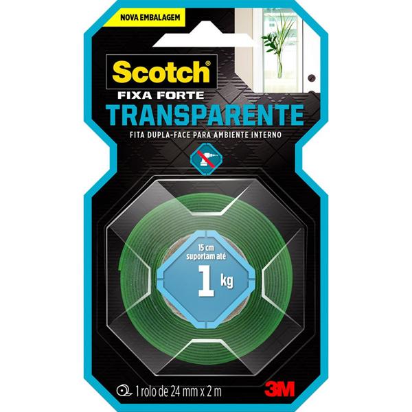 Fita Dupla Face 3M Scotch Fixa Forte Transparente - 24 mm x 2 m - BT 1 UN