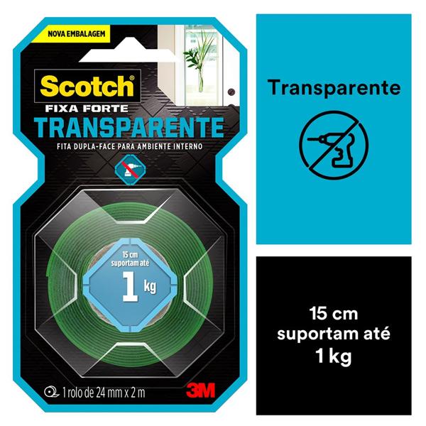 Fita Dupla Face 3M Scotch Fixa Forte Transparente - 24 mm x 2 m - BT 1 UN