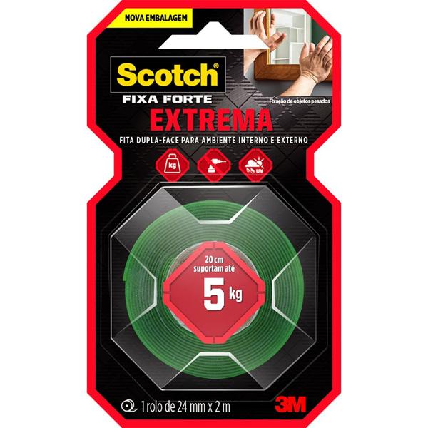 Fita Dupla Face 3M Scotch Fixa Forte Fixação Extrema - 24 mm x 2 m - BT 1 UN