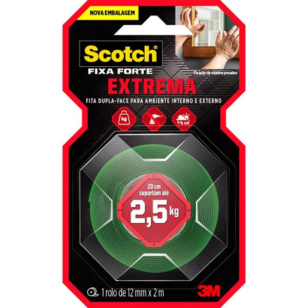 Fita Dupla Face 3M Scotch Fixa Forte Fixação Extrema - 12mm x 2 m - PT 1 UN