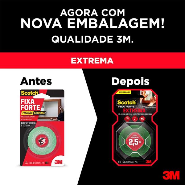 Fita Dupla Face 3M Scotch Fixa Forte Fixação Extrema - 12mm x 2 m - PT 1 UN