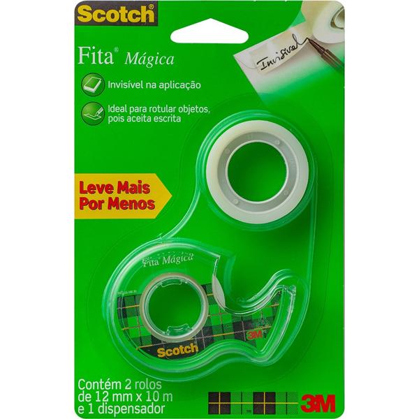 Fita Mágica Scotch com 2 Fitas, Transparente e Suporte, 12mm x 10m, 3M - BT 2 UN