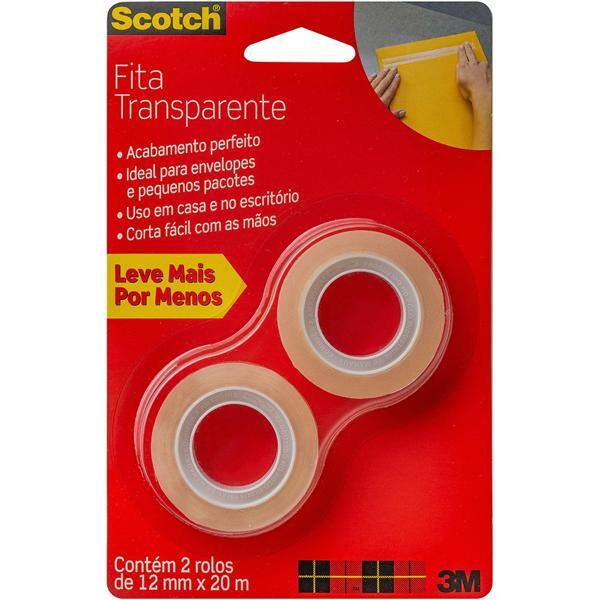 Fita Adesiva Scotch Transparente – 12 mm x 20 m, com 2 Rolos - BT 2 UN