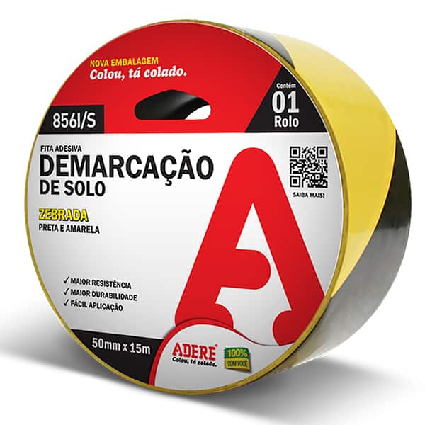 Fita para demarcação Zebrada, 70mm x 200m, Preto e Amarelo, 3136800709, Adere - RL 1 UN