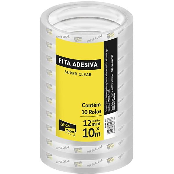 Fita Adesiva PP Transparente Super Clear, 12mm x 10m, Stick Tape - PT 10 UN