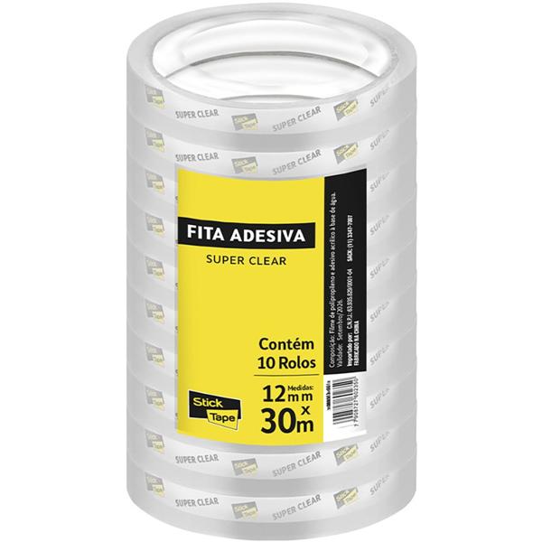 Fita Adesiva PP Transparente Super Clear, 12mm x 30m, Stick Tape - PT 10 UN