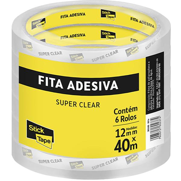 Fita Adesiva PP Transparente Super Clear, 12mm x 40m, Stick Tape - PT 6 UN