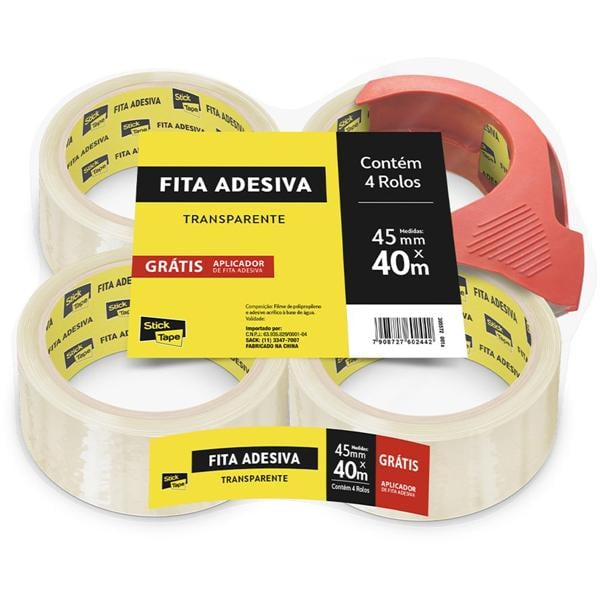 Fita Adesiva Transparente de Empacotamento com Aplicador Grátis, 45mm x 40m, Stick Tape - PT 4 UN