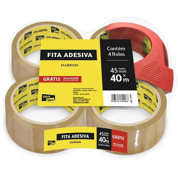 Fita Adesiva Marrom de Empacotamento, com Aplicador Grátis, 45mm x 40M, Stick Tape PT 4 UN