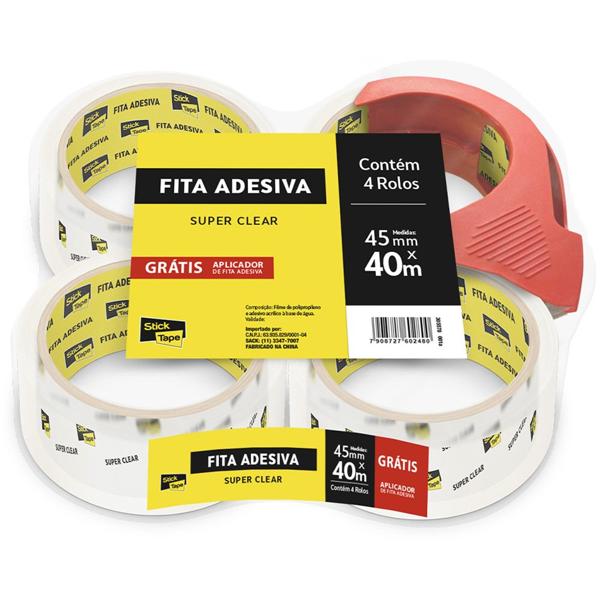 Fita Adesiva Transparente Super Clear de Empacotamento com Aplicador Grátis, 45mm x 40m, Stick Tape - PT 4 UN