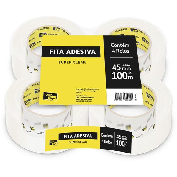 Fita Adesiva Transparente Super Clear de Empacotamento, 45mm x 100m, Stick Tape - PT 4 UN