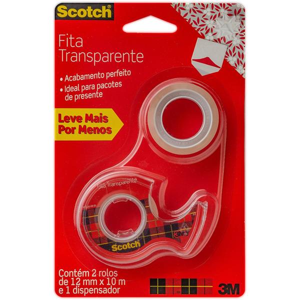 Fita Adesiva Scotch Transparente – 12 mm x 10 m, com 2 Rolos e 1 Dispensador Manual - BT 2 UN