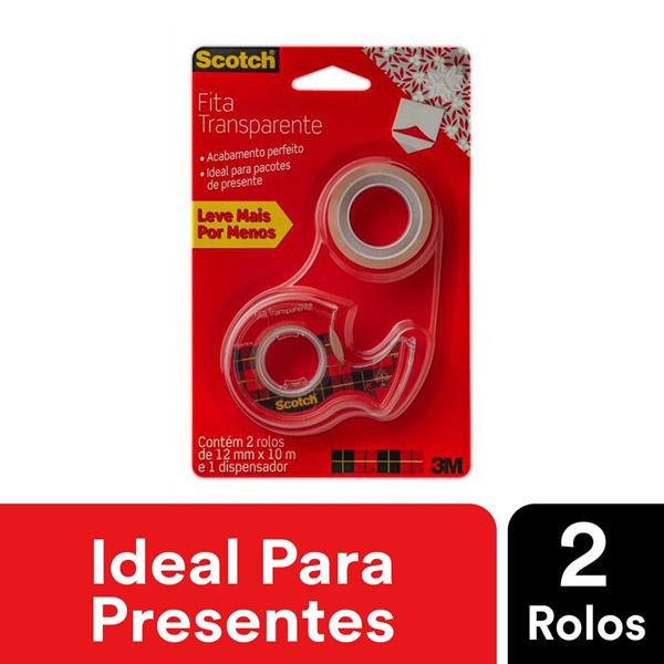 Fita Adesiva Scotch Transparente – 12 mm x 10 m, com 2 Rolos e 1 Dispensador Manual - BT 2 UN