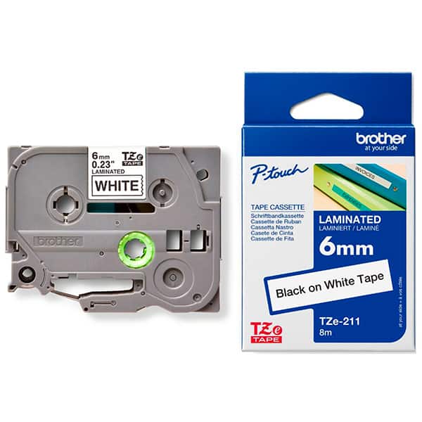 Fita p/rotulador Brother 6mm, Preto com fundo branco, TZE211, Brother - CX 1 UN