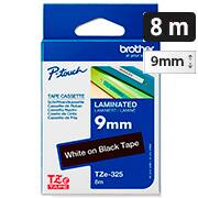 Fita para rotulador Brother, TZE, 9mm x 8m, Branca, em fundo Preto, TZE325, Brother - CX 1 UN