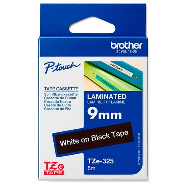 Fita para rotulador Brother, TZE, 9mm x 8m, Branca, em fundo Preto, TZE325, Brother - CX 1 UN