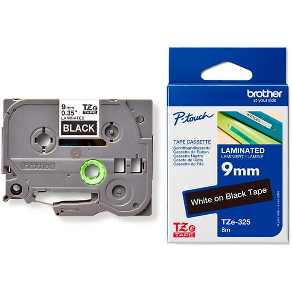 Fita para rotulador Brother, TZE, 9mm x 8m, Branca, em fundo Preto, TZE325, Brother - CX 1 UN
