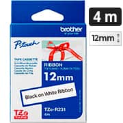 Fita para rotulador Brother 12mm, Preto/branco Cetim, TZER231, Brother - CX 1 UN