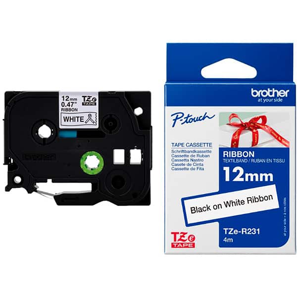Fita para rotulador Brother 12mm, Preto/branco Cetim, TZER231, Brother - CX 1 UN