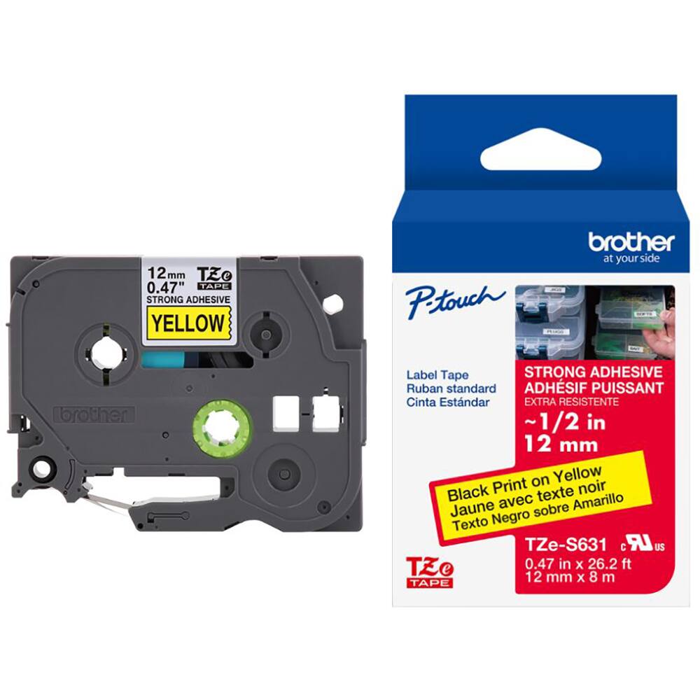 Fita para rotulador Brother 12mm super cola, Preto com fundo amarelo, TZES631, Brother CX 1 UN