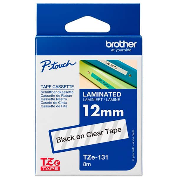 Fita para rotulador Brother Tze, 12mm x 8m, Preto/Transparente, TZE131, Brother - BT 1 UN